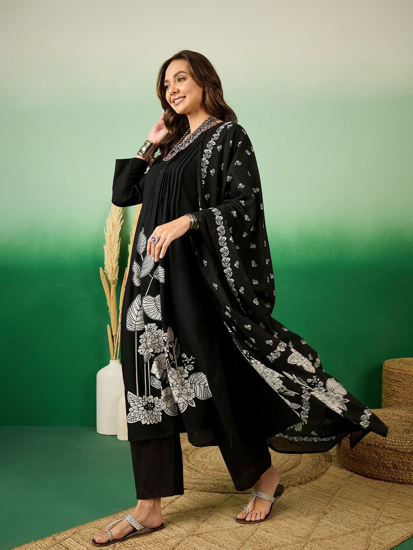 Women Black Pintex A-Line Kurta with Trouser &amp; Dupatta (Set of 3)