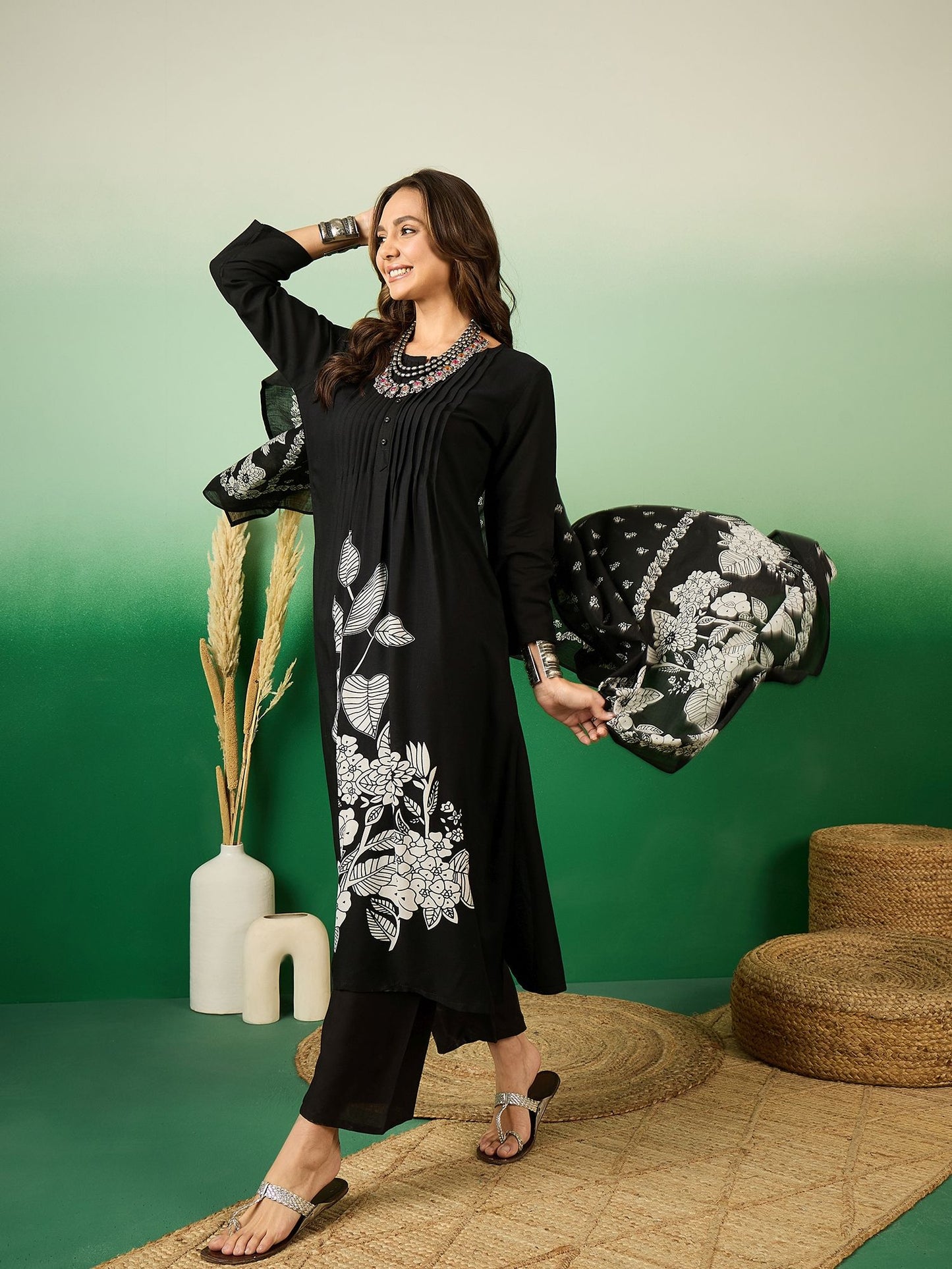 Women Black Pintex A-Line Kurta with Trouser &amp; Dupatta (Set of 3)