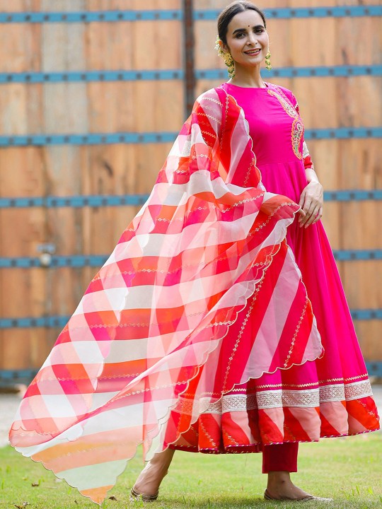GILLORI Paisley Embroidered Yoke Design Pure Cotton Kurta With Trousers & Dupatta