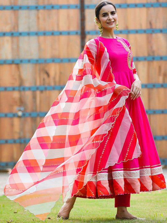 GILLORI Paisley Embroidered Yoke Design Pure Cotton Kurta With Trousers & Dupatta