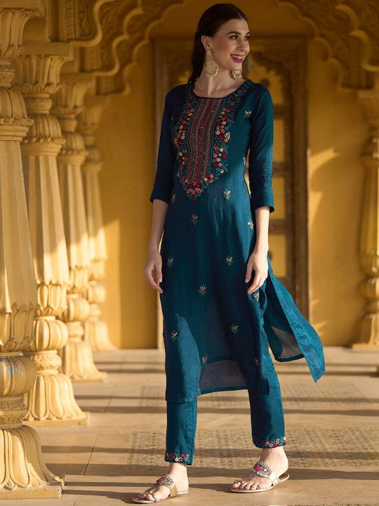 Neck Floral Embroidered Straight Kurta with Trouser & Dupatta