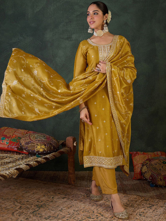 Indo Era Women Embroidered Regular Sequinned Kurta with Trousers & Dupatta
