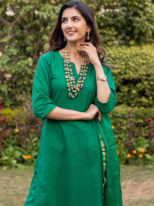 DIMPLE DESIGN STUDIO Notched Neck Pure Cotton Kurta with Salwar & Dupatta