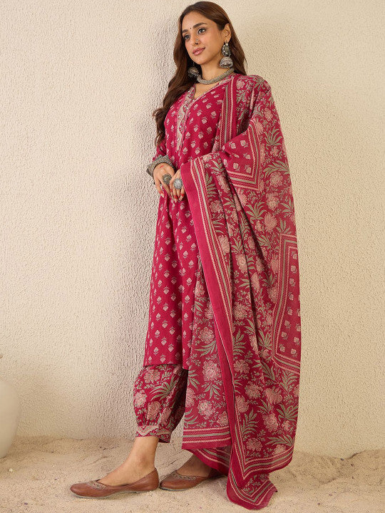 Indo Era Women Floral Printed Regular V-Neck Kurta with Salwar & Dupatta