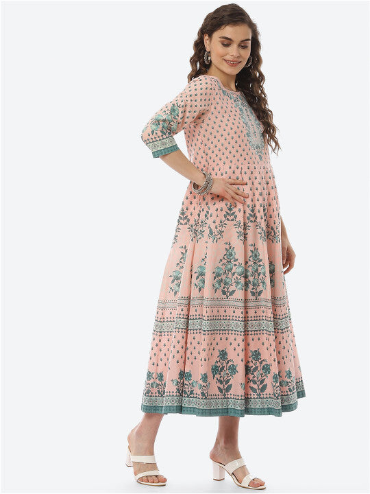 Biba Peach-Coloured Ethnic Motifs Ethnic Midi Dress