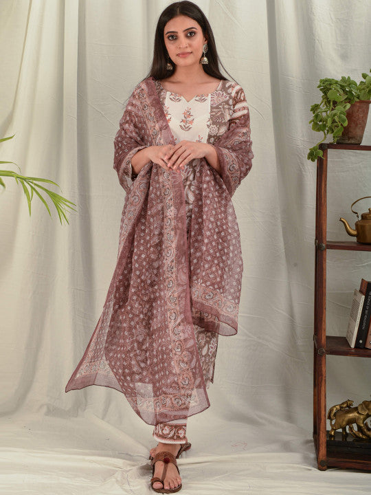 House of Dhaaga Women Brown Floral Block Print Kurta