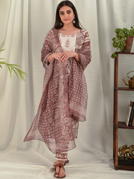 House of Dhaaga Women Brown Floral Block Print Kurta