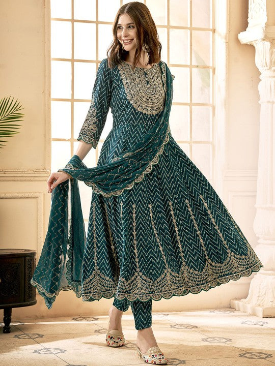 Anouk Embroidered Empire Thread Work Kurta With Trousers & Dupatta