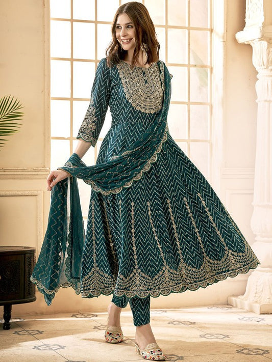 Anouk Embroidered Empire Thread Work Kurta With Trousers & Dupatta