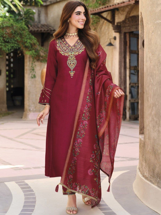 AUTUMN LANE Women Embroidered Sequinned Pure Cotton Kurta with Harem Pants & Dupatta