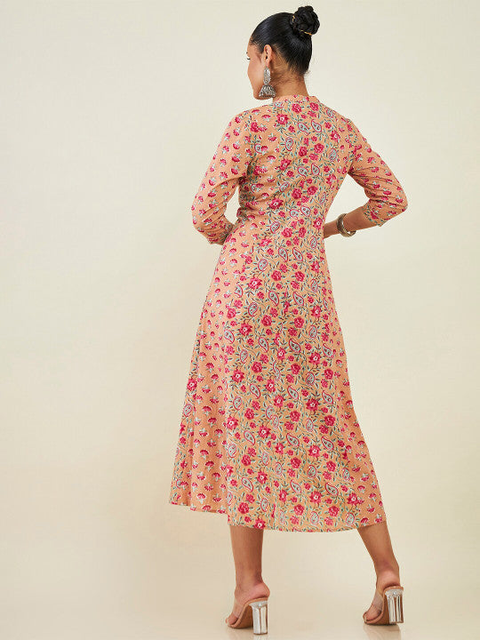 Mandarin Collar Floral Printed Cotton Fit & Flare Midi Ethnic Dress