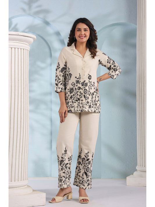 Hardik Mono Off White Cotton Floral Print Co-Ord (Set of 2)