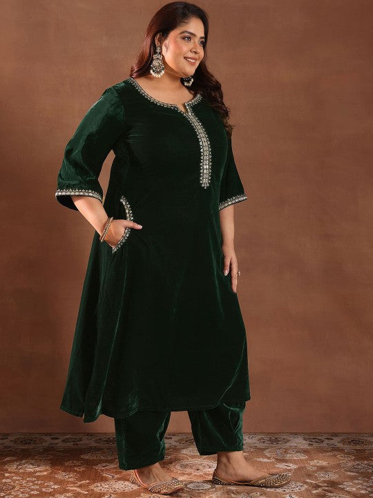 EXTRA LOVE BY LIBAS Plus Size Floral Yoke Design Velvet Kurta