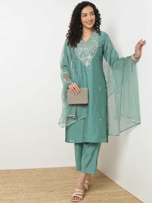Ethnicity Ethnic Motifs Embroidered Sequinned Straight Kurta With Trousers & Dupatta
