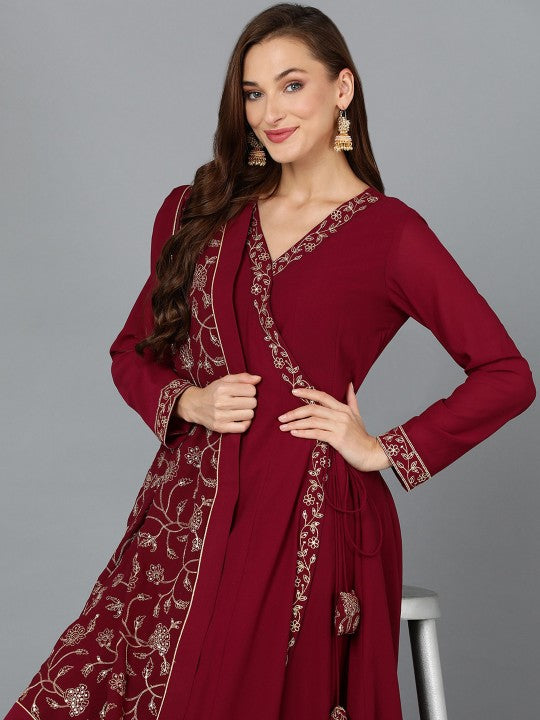 AHIKA Maroon Floral Yoke Design Thread Work Angrakha Anarkali Kurta