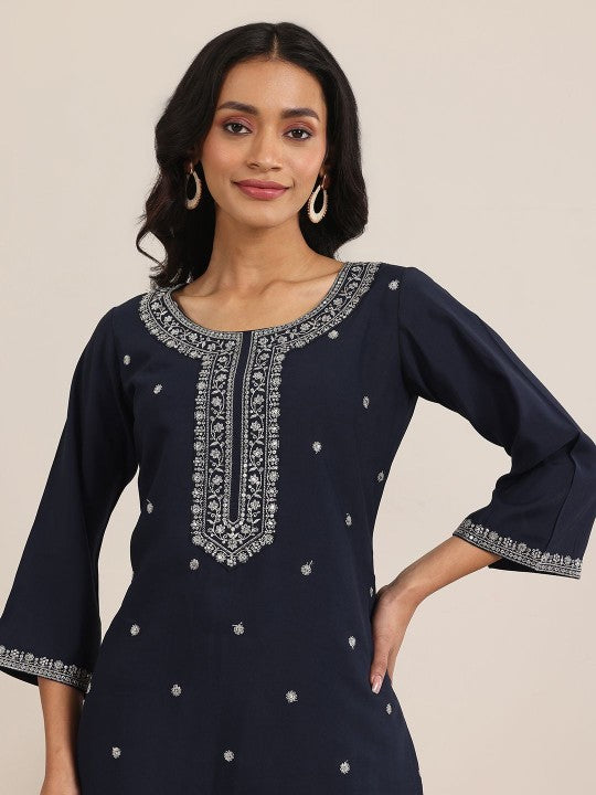 Gerua By Libas Floral Embroidered Round Neck Sequinned Straight Kurta