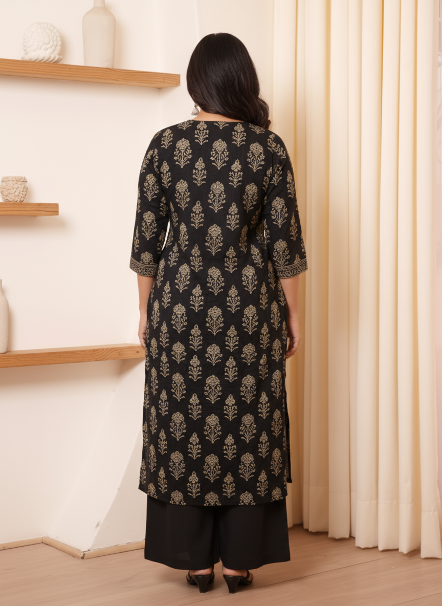 Soft Cotton Geometric Flared Charcoal Kurta