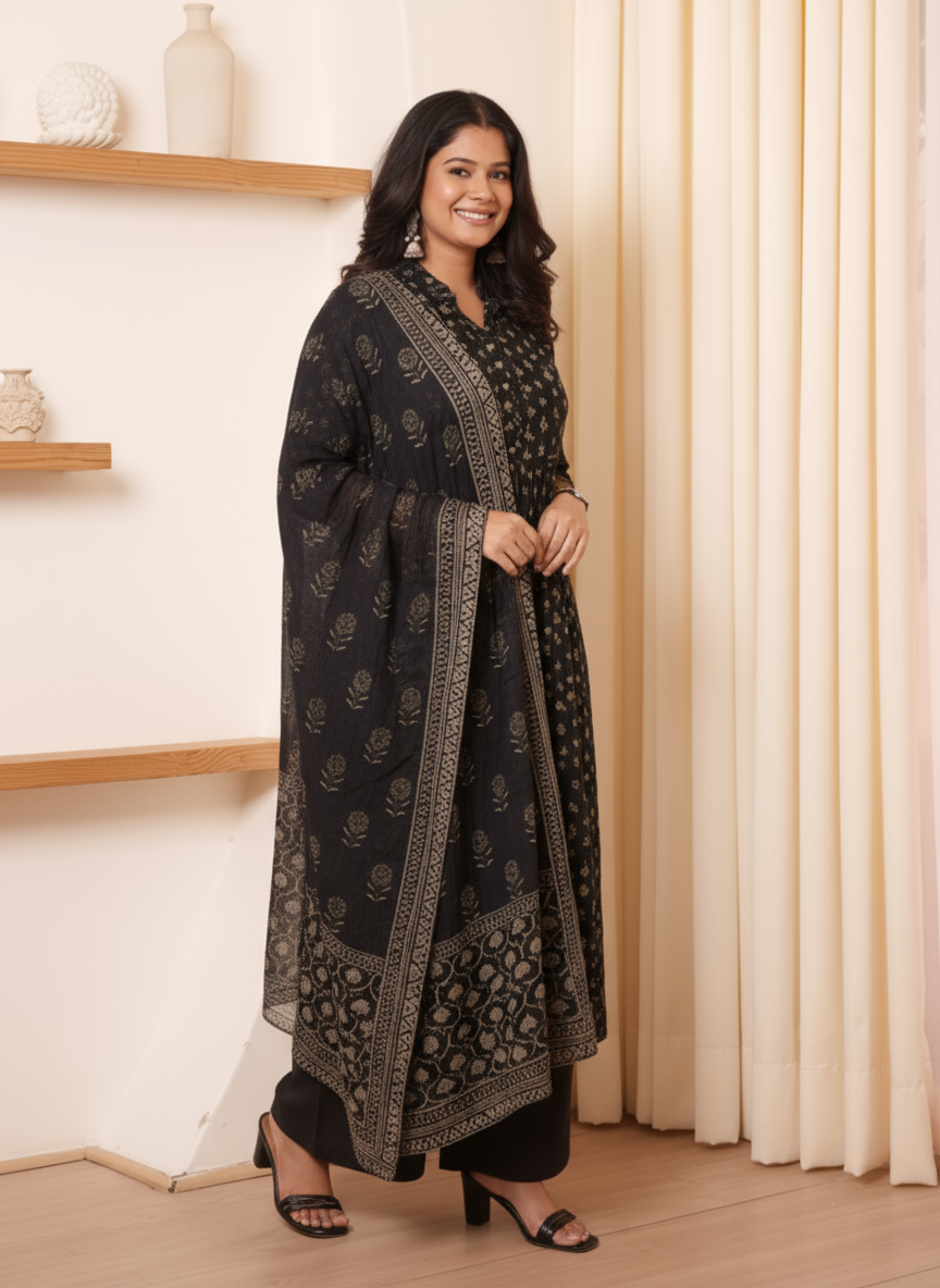 Soft Cotton Geometric Flared Charcoal Kurta