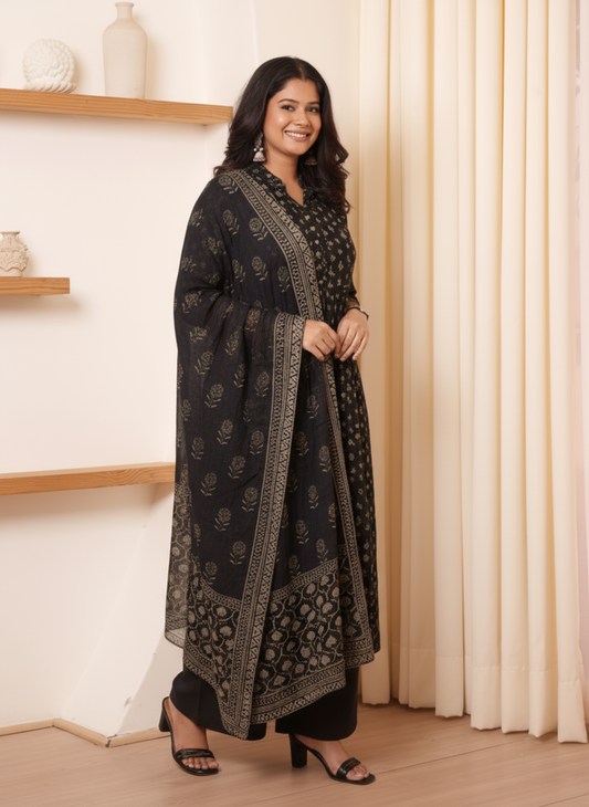 Soft Cotton Geometric Flared Charcoal Kurta