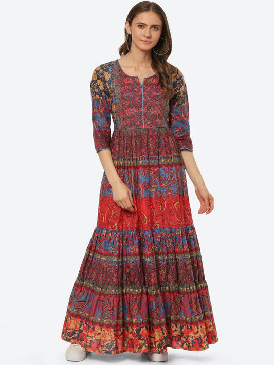 Biba Women Red & Blue Ethnic Motifs Printed Cotton A-Line Ethnic Dress