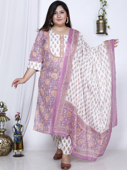 Swasti Plus Size Floral Printed Regular Pure Cotton Kurta With Trousers & Dupatta