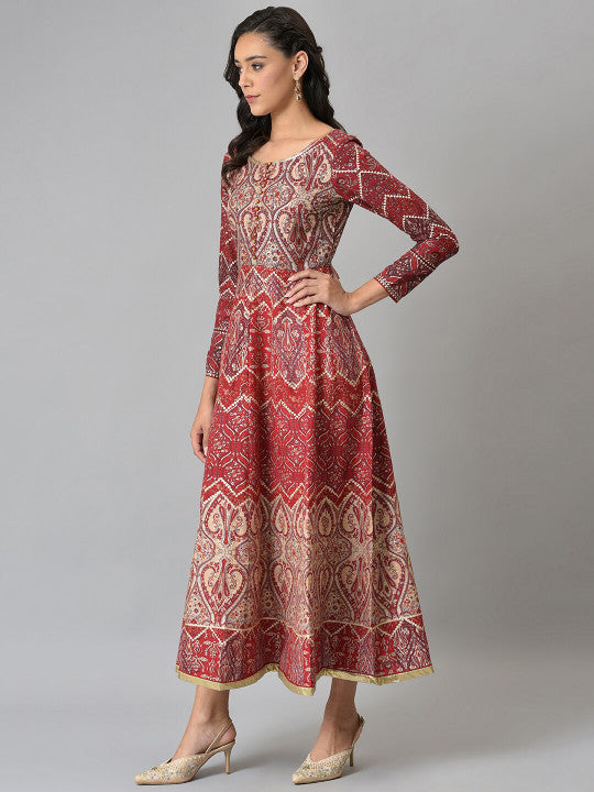 W Maroon & Beige Ethnic Motifs Chiffon Ethnic Maxi Dress