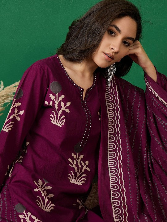 Printed Pure Cotton Straight Kurta With Trousers & Dupatta