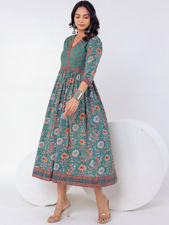 GULAB CHAND TRENDS Floral Printed V-Neck Cotton Gathered Fit & Flare Midi Ethnic Dress