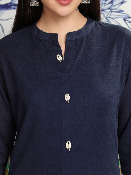 Vishudh Navy Blue Sea Shell Button Mandarin Collar Pure Cotton Tunic With Trousers
