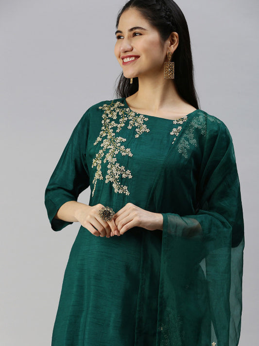 swatika Women Green & Golden Ethnic Yoke Design Zardozi Kurta with Trousers & Dupatta