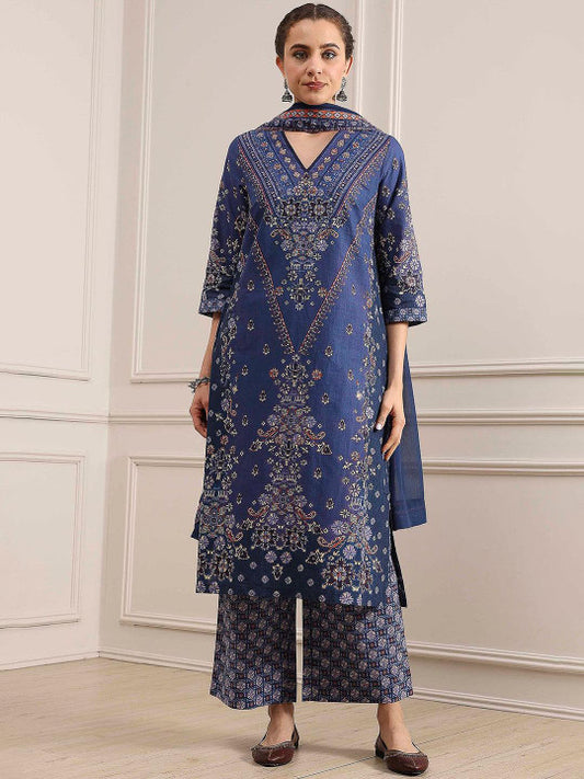 Biba Women Ethnic Motifs Printed Cotton Kurta with Palazzos & Dupatta