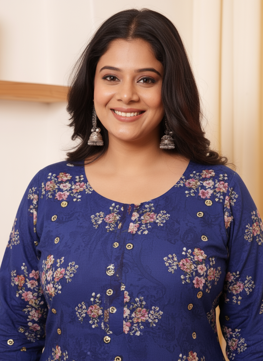 Viscose Floral Flared Blue Kurta