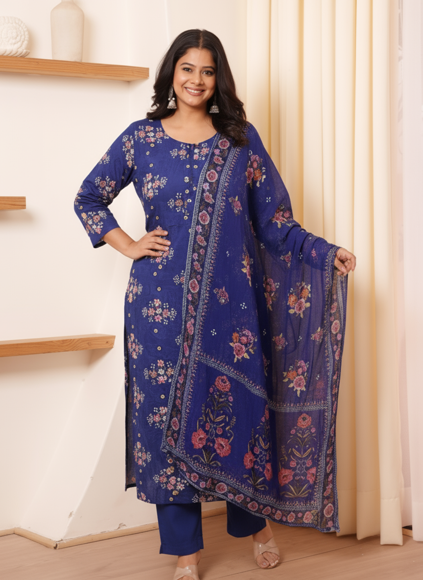 Viscose Floral Flared Blue Kurta