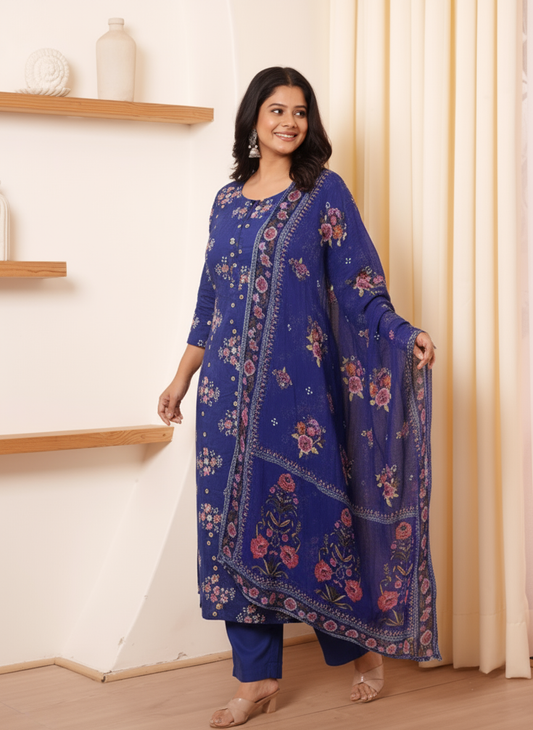 Viscose Floral Flared Blue Kurta