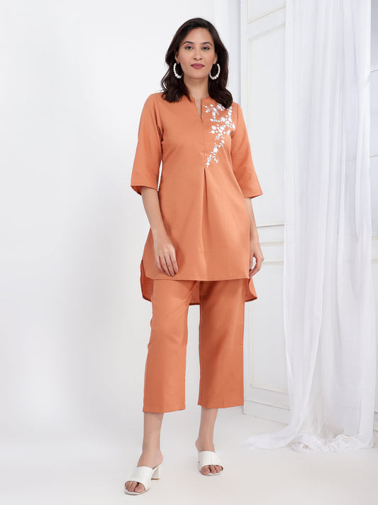 Embroidered Womens Co-Ord Tunic with Trouser - Rust (Set of 2)