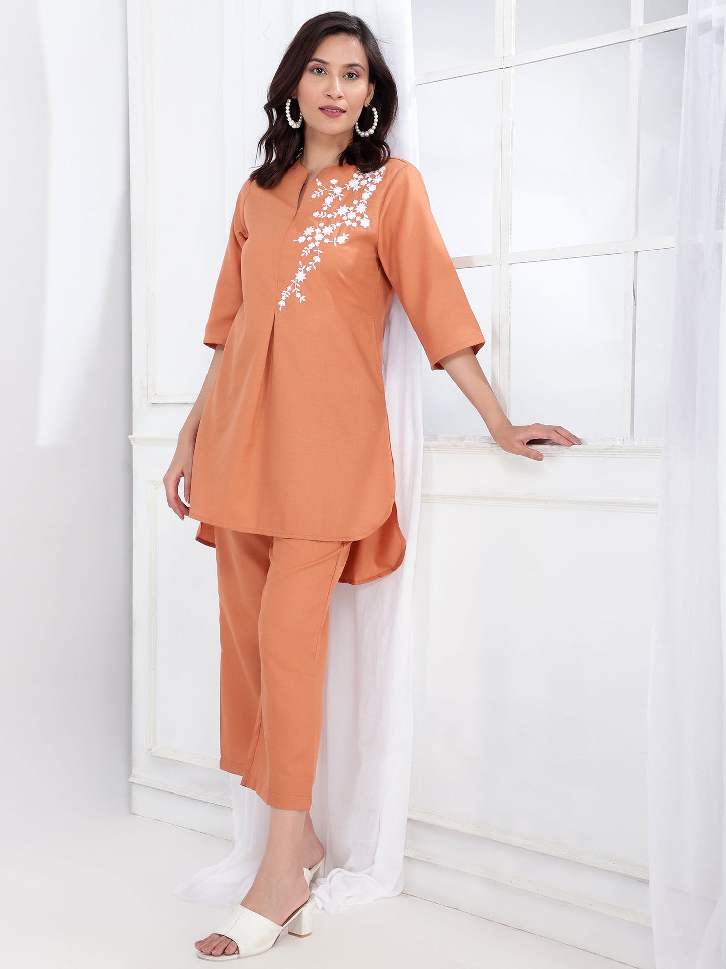 Embroidered Womens Co-Ord Tunic with Trouser - Rust (Set of 2)