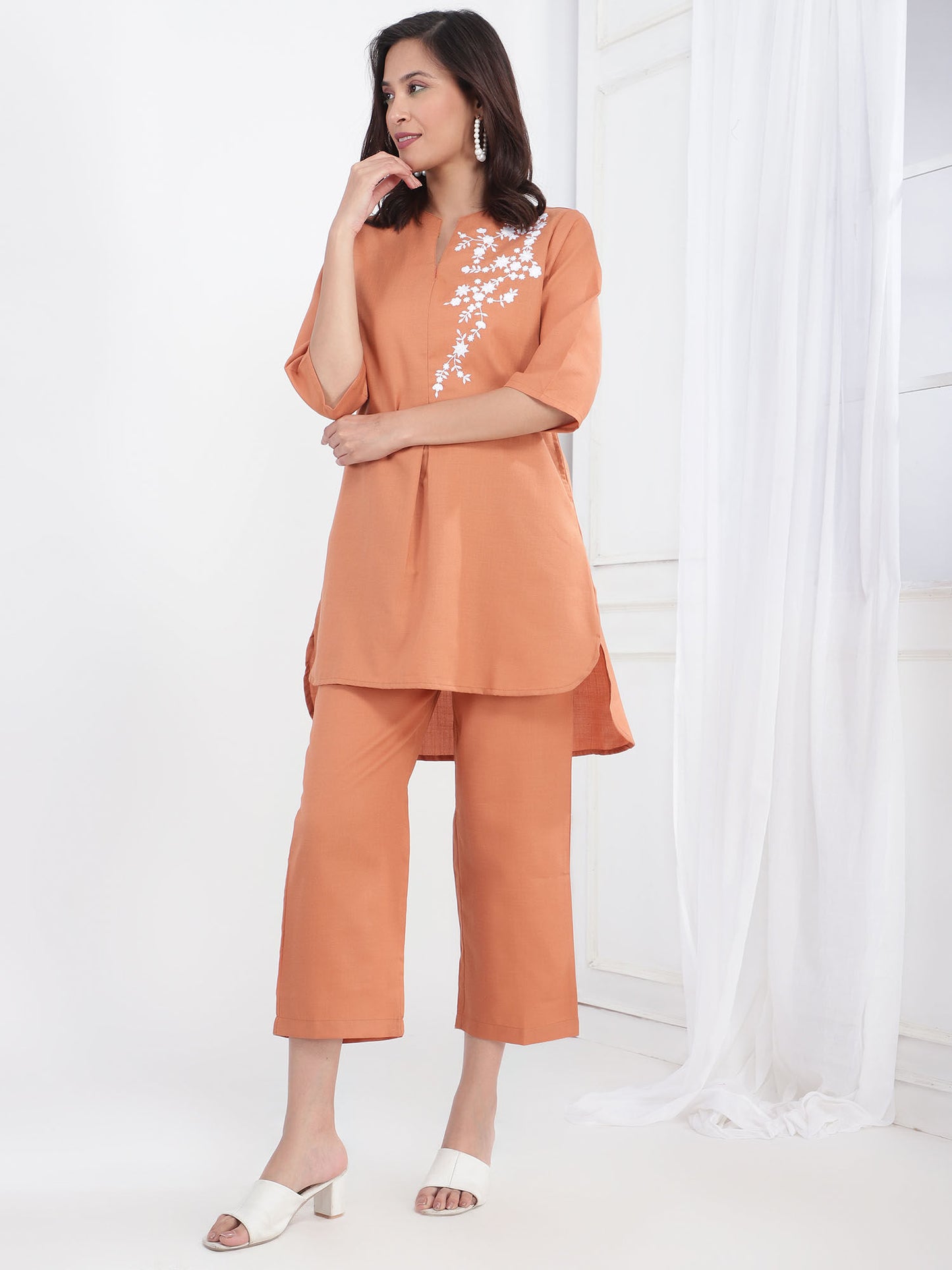 Embroidered Womens Co-Ord Tunic with Trouser - Rust (Set of 2)