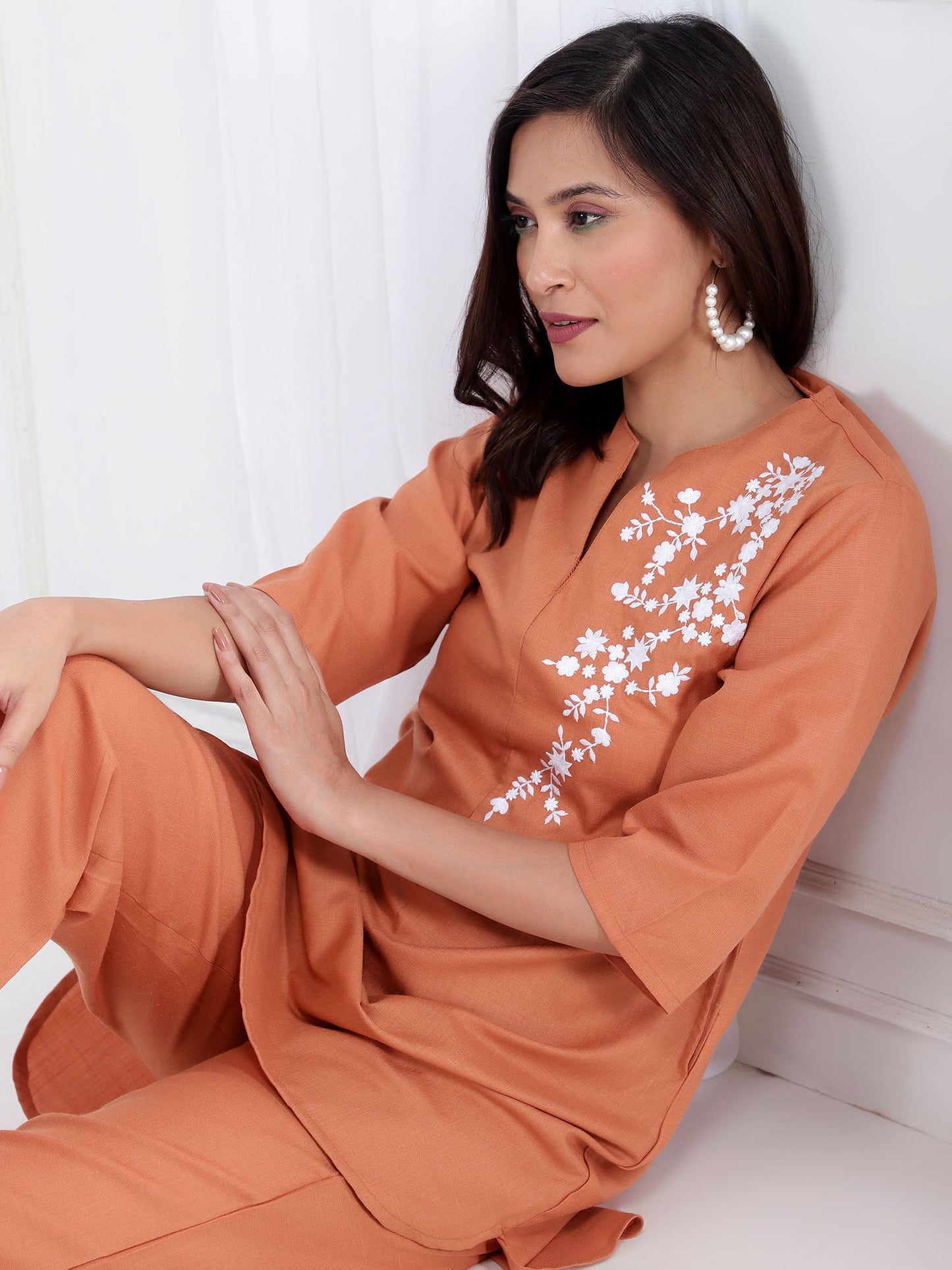 Embroidered Womens Co-Ord Tunic with Trouser - Rust (Set of 2)
