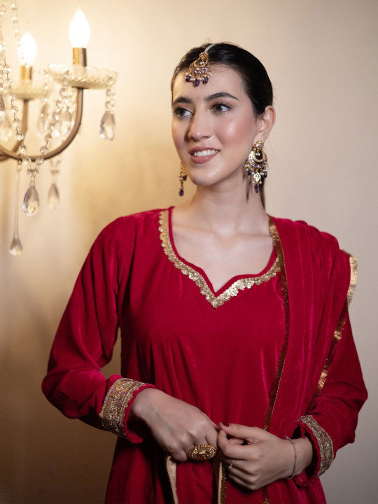 DIMPLE DESIGN STUDIO Notch Neck Velvet Straight Kurta with Palazzos & Dupatta