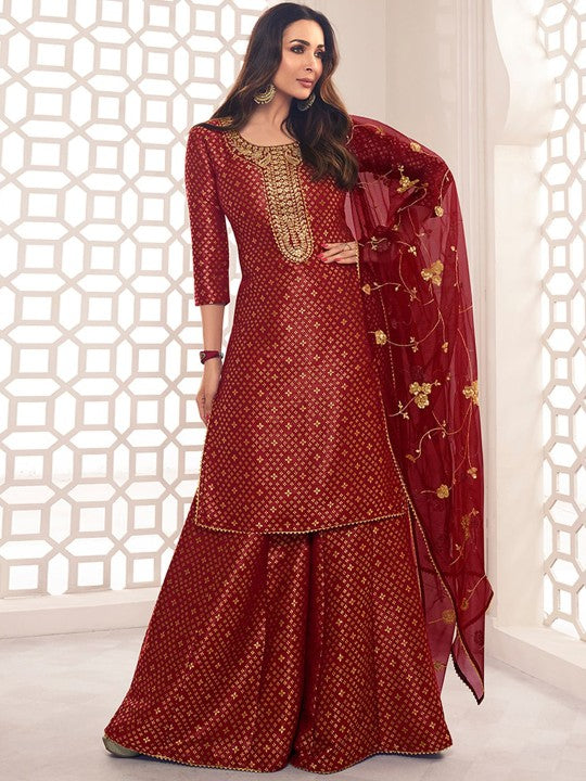 Inddus Zari Woven Yoke Design Embroidered Stright Kurta
