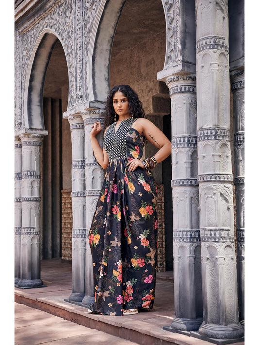 Indo Western Style Long Dress With Mirror Work