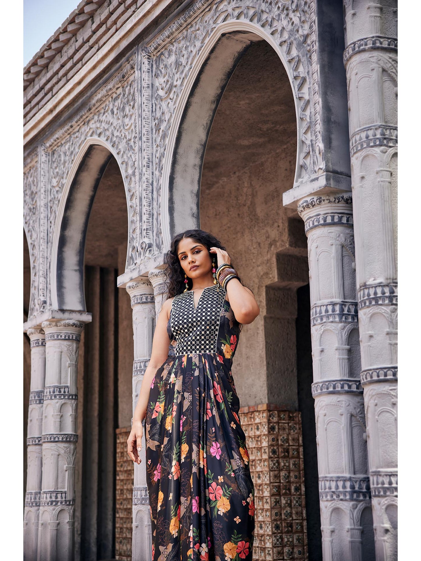 Indo Western Style Long Dress With Mirror Work