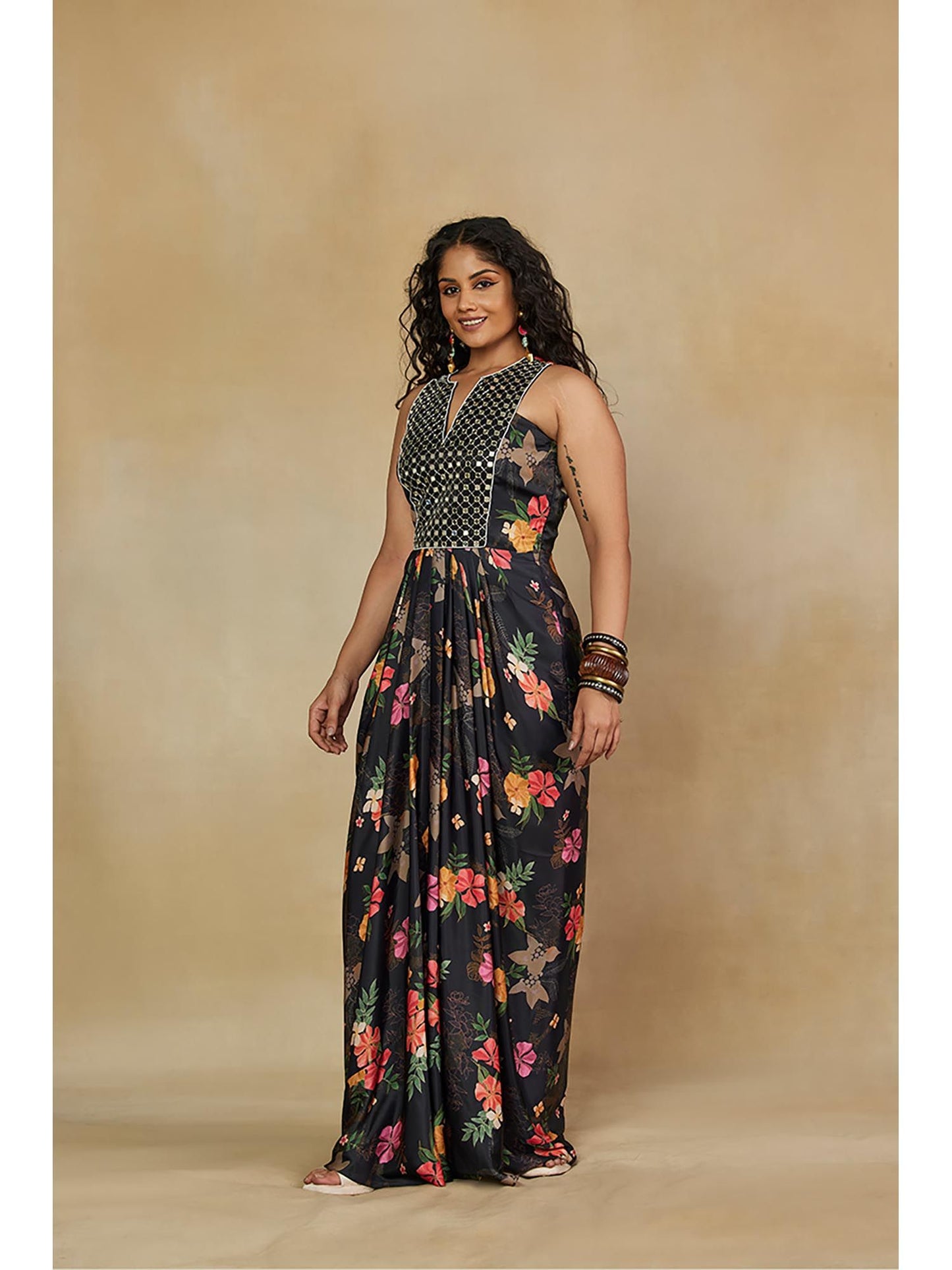 Indo Western Style Long Dress With Mirror Work