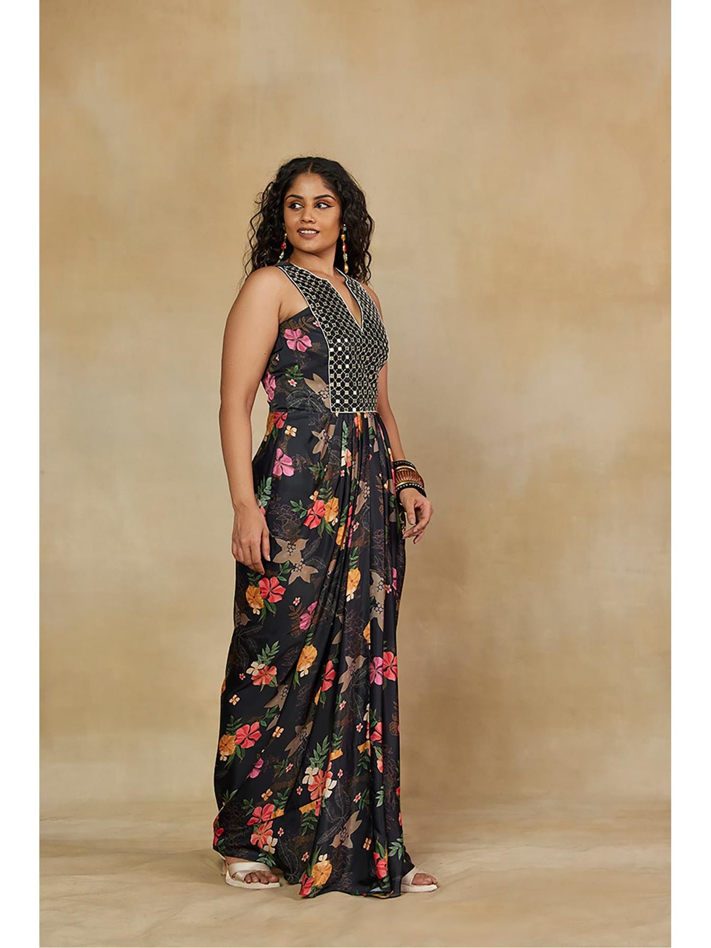 Indo Western Style Long Dress With Mirror Work