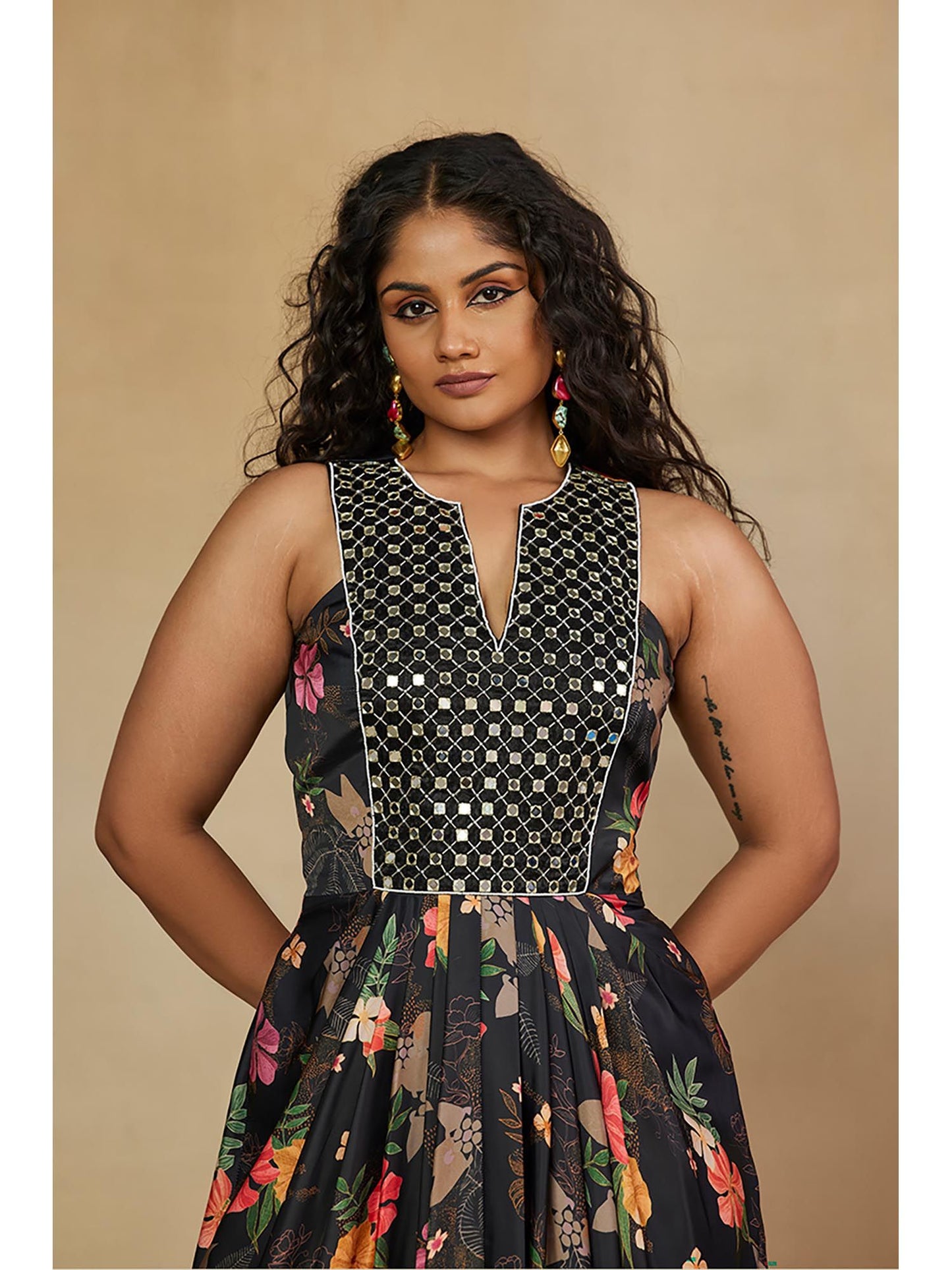 Indo Western Style Long Dress With Mirror Work