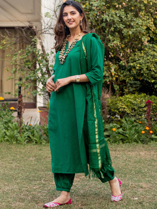 DIMPLE DESIGN STUDIO Notched Neck Pure Cotton Kurta with Salwar & Dupatta