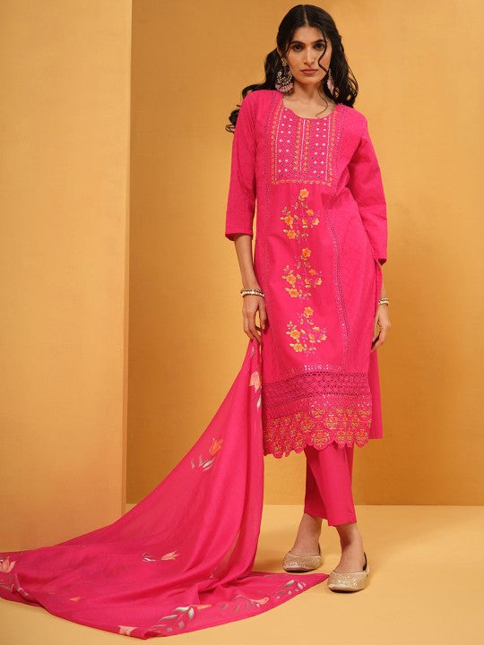 Ishin Women Embroidered Regular Beads and Stones Pure Cotton Kurta & Trousers With Dupatta