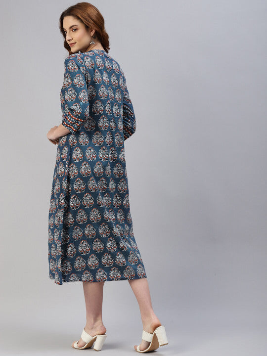 IRIDAA JAIPUR Blue Ethnic Motifs Ethnic A-Line Midi Dress