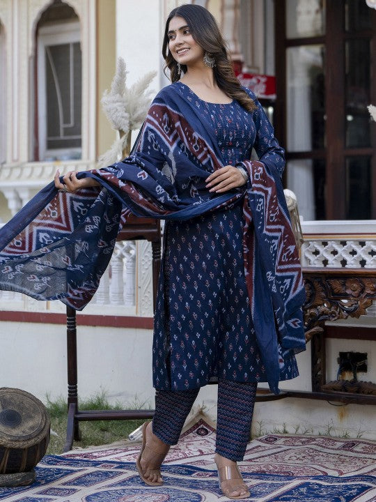 Printed Pure Cotton Straight Kurta With Trousers & Dupatta