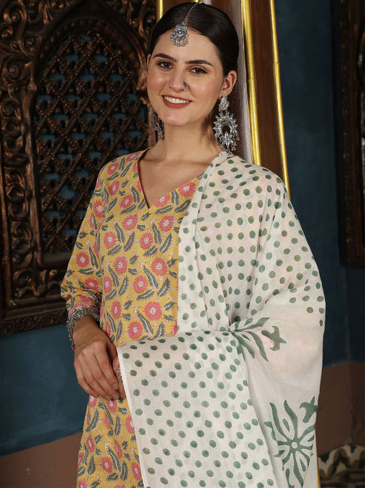 Taavi Women Hand Block Print V-Neck Pure Cotton Straight Kurta & Trouser With Dupatta